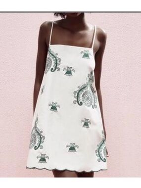 Zara White Mini Dress with Green Paisley Embroidery